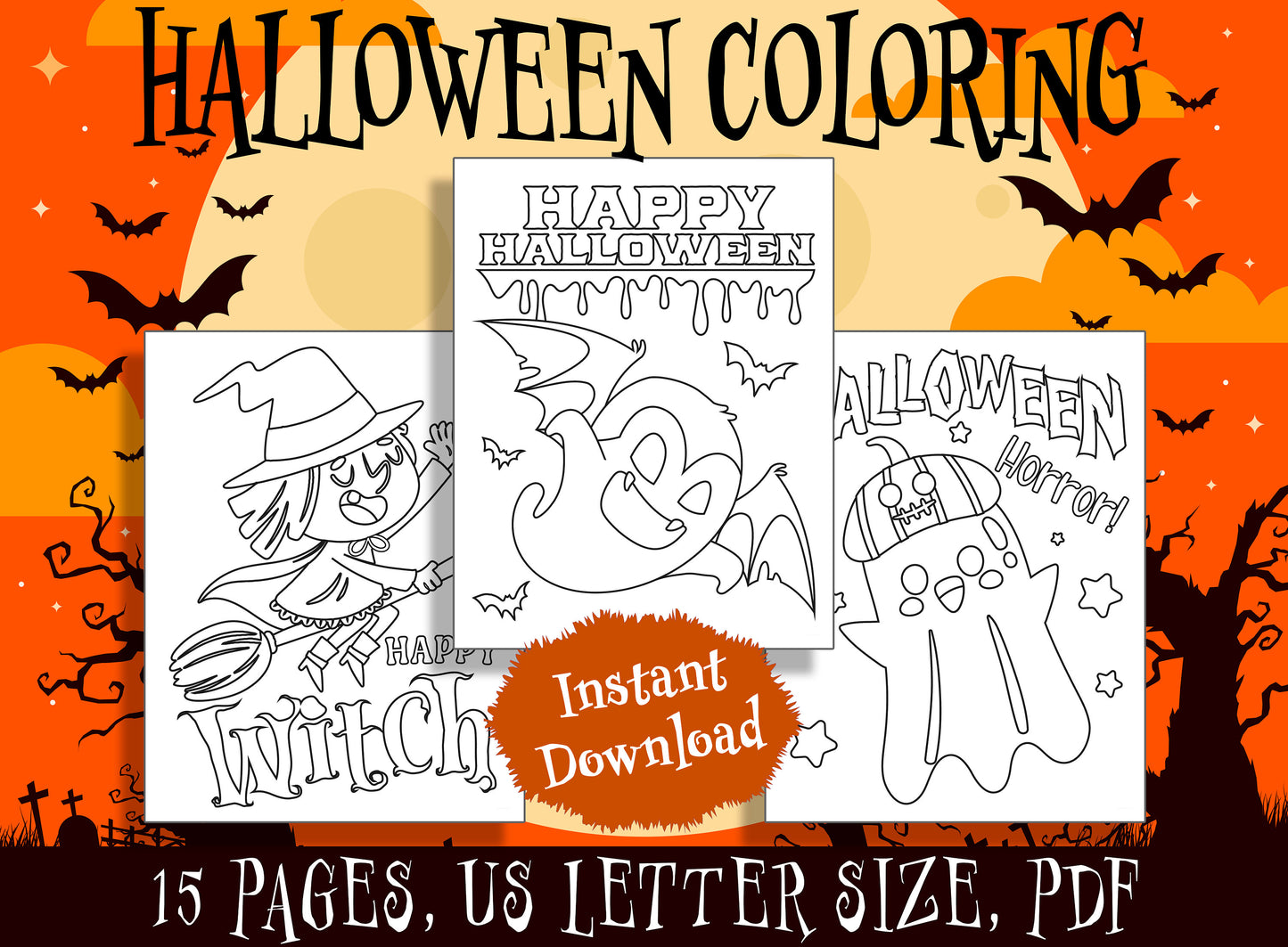 15 Cute Halloween Coloring Pages, Perfect for Preschool and Kindergarten, PDF File, Instant Download