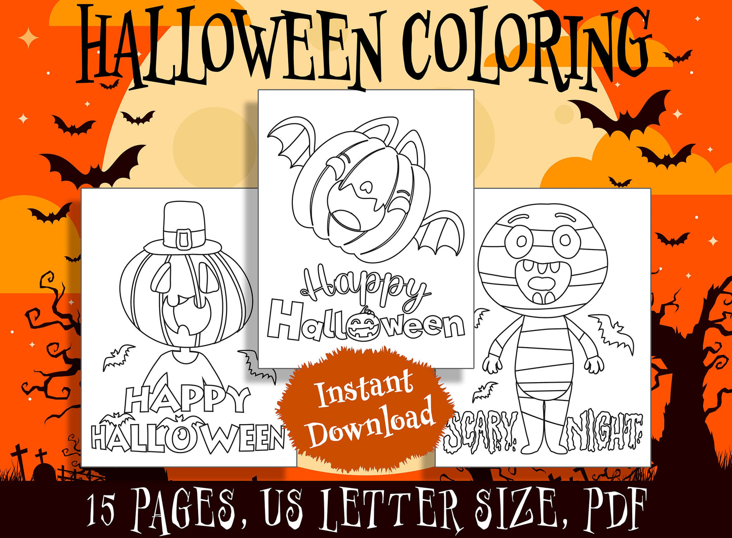 15 Cute Halloween Coloring Pages, Perfect for Preschool and Kindergarten, PDF File, Instant Download