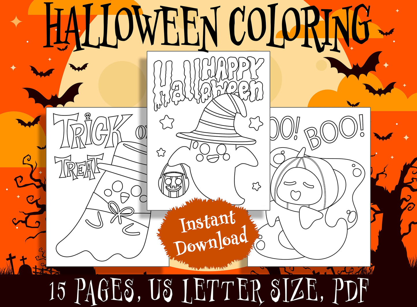 15 Cute Halloween Coloring Pages, Perfect for Preschool and Kindergarten, PDF File, Instant Download