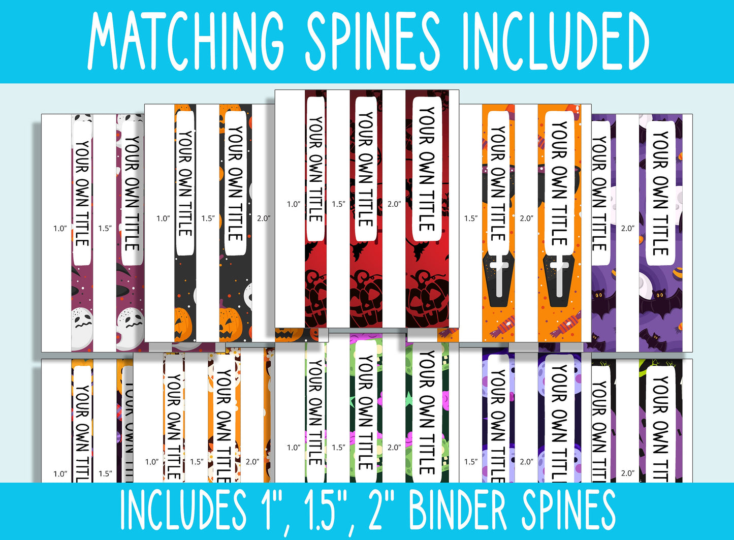 10 Editable Halloween Pattern Binder Covers, Includes 1, 1.5, 2" Spines, Available in A4 & US Letter, Editing with PowerPoint or PDF Reader
