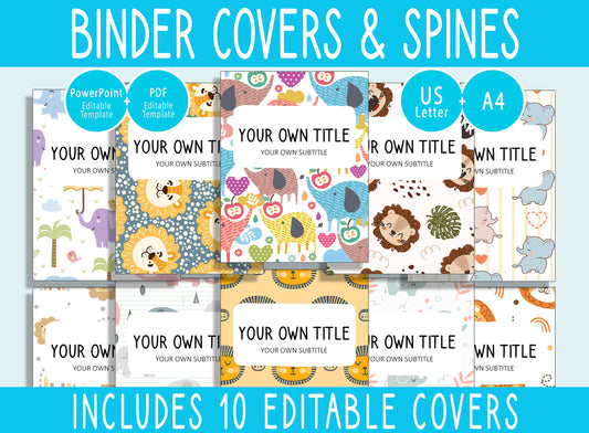 10 Editable Baby Elephant & Lion Binder Covers, Includes 1, 1.5, 2" Spines, Available in A4+US Letter, Editing with PowerPoint or PDF Reader