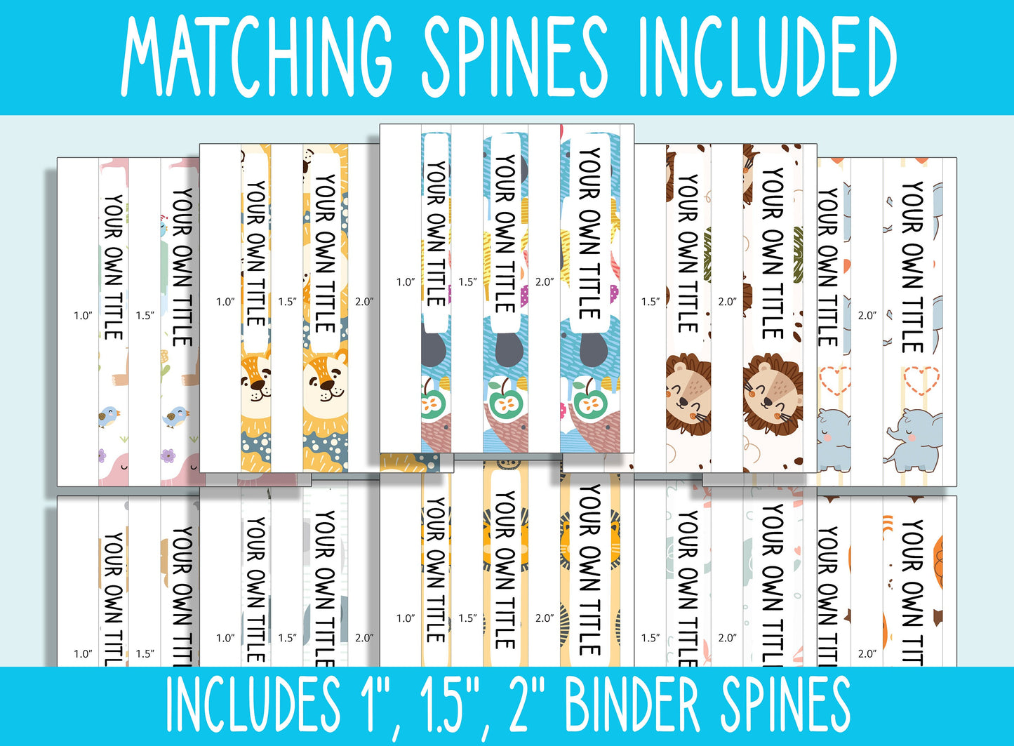 10 Editable Baby Elephant & Lion Binder Covers, Includes 1, 1.5, 2" Spines, Available in A4+US Letter, Editing with PowerPoint or PDF Reader