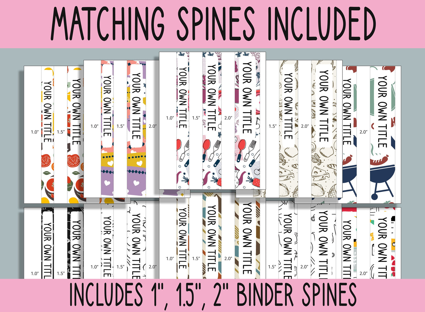 10 Editable Cooking & Kitchen Binder Covers, Includes 1, 1.5, 2" Spines, Available in A4+US Letter, Editing with PowerPoint or PDF Reader