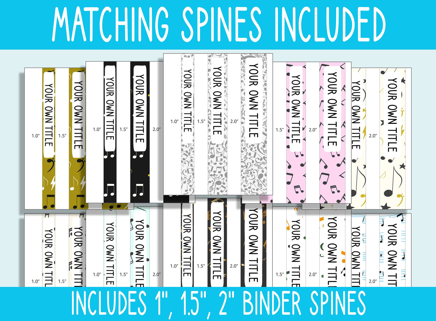 10 Editable Musical Note Binder Covers, Includes 1, 1.5, 2" Spines, Available in A4+US Letter, Editing with PowerPoint or PDF Reader