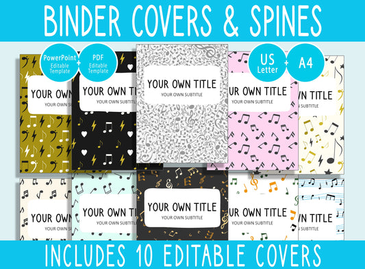 10 Editable Musical Note Binder Covers, Includes 1, 1.5, 2" Spines, Available in A4+US Letter, Editing with PowerPoint or PDF Reader
