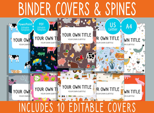 10 Editable Farm Animal Binder Covers, Includes 1, 1.5, 2" Spines, Available in A4 & US Letter, Editing with PowerPoint or PDF Reader