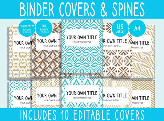 10 Editable Line Pattern Binder Covers, Includes 1, 1.5, 2" Spines, Available in A4+US Letter, Editing with PowerPoint or PDF Reader