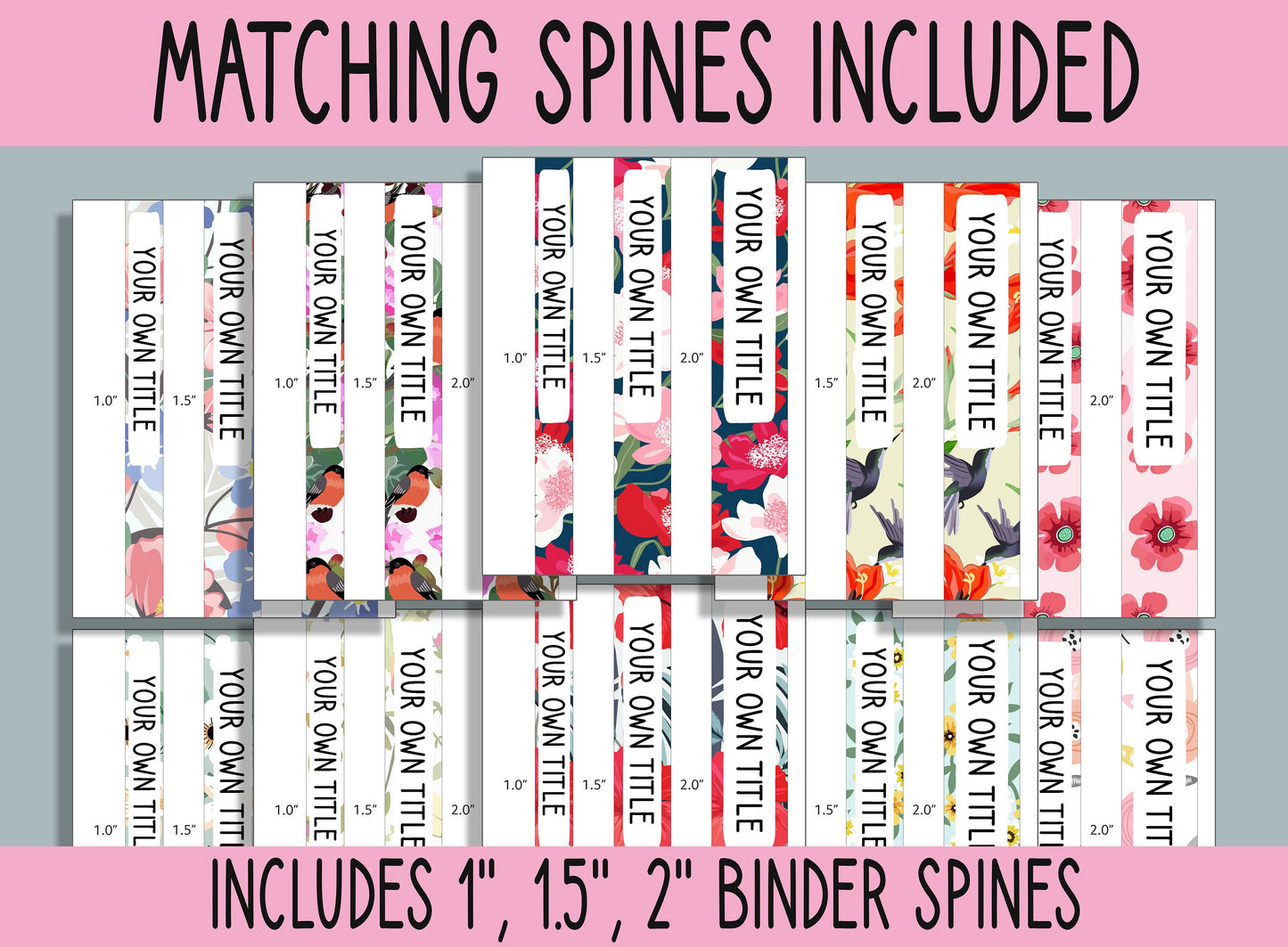 10 Editable Blossom Pattern Binder Covers, Includes 1, 1.5, 2" Spines, Available in A4+US Letter, Editing with PowerPoint or PDF Reader