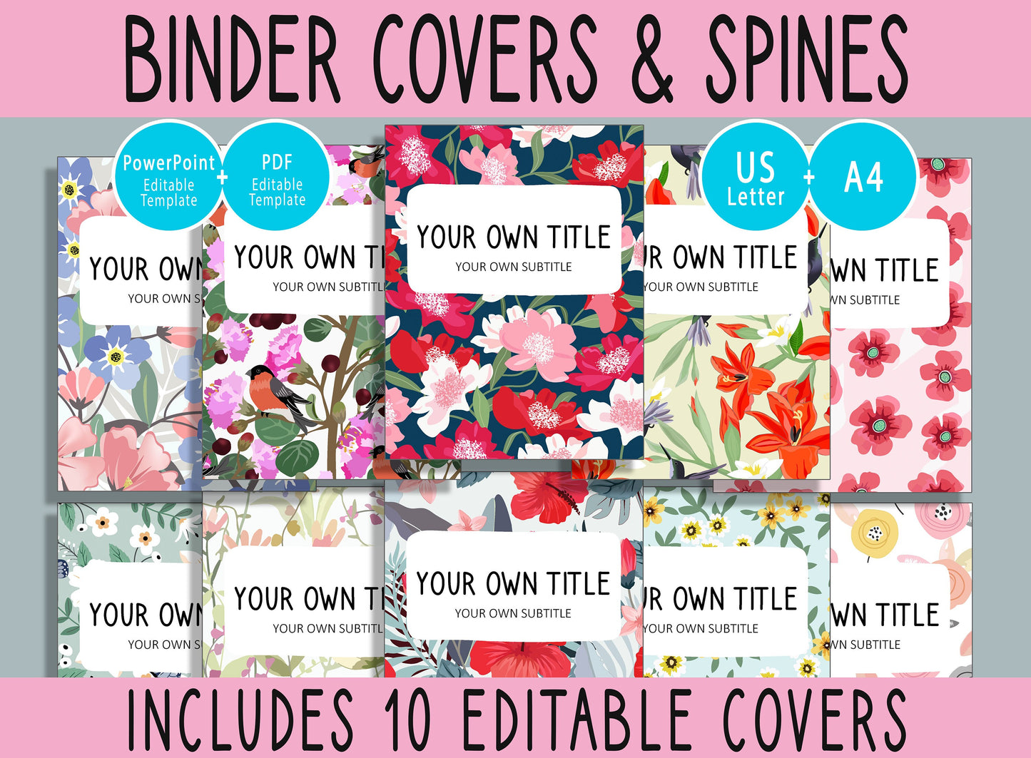 10 Editable Blossom Pattern Binder Covers, Includes 1, 1.5, 2" Spines, Available in A4+US Letter, Editing with PowerPoint or PDF Reader