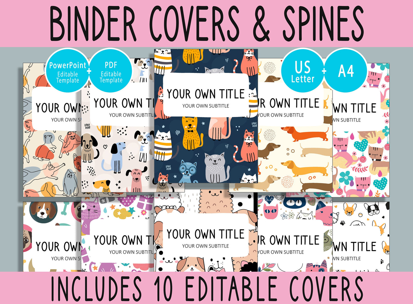10 Editable Puppy & Kitten Binder Covers, Includes 1, 1.5, 2" Spines, Available in A4+US Letter, Editing with PowerPoint or PDF Reader