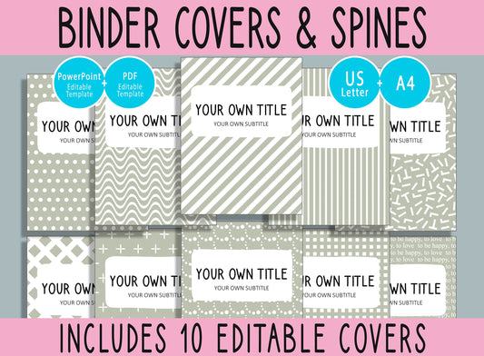 10 Editable Green Geometric Binder Covers, Includes 1, 1.5, 2" Spines, Available in A4 & US Letter, Editing with PowerPoint or PDF Reader