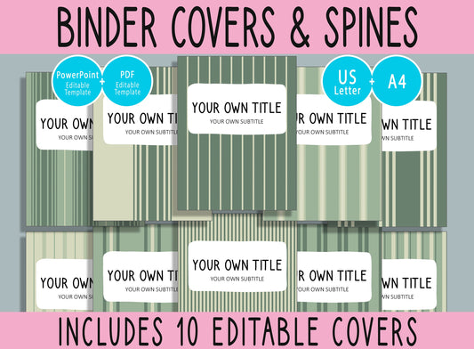 10 Editable Strip Pattern Binder Covers, Includes 1, 1.5, 2" Spines, Available in A4 & US Letter, Editing with PowerPoint or PDF Reader