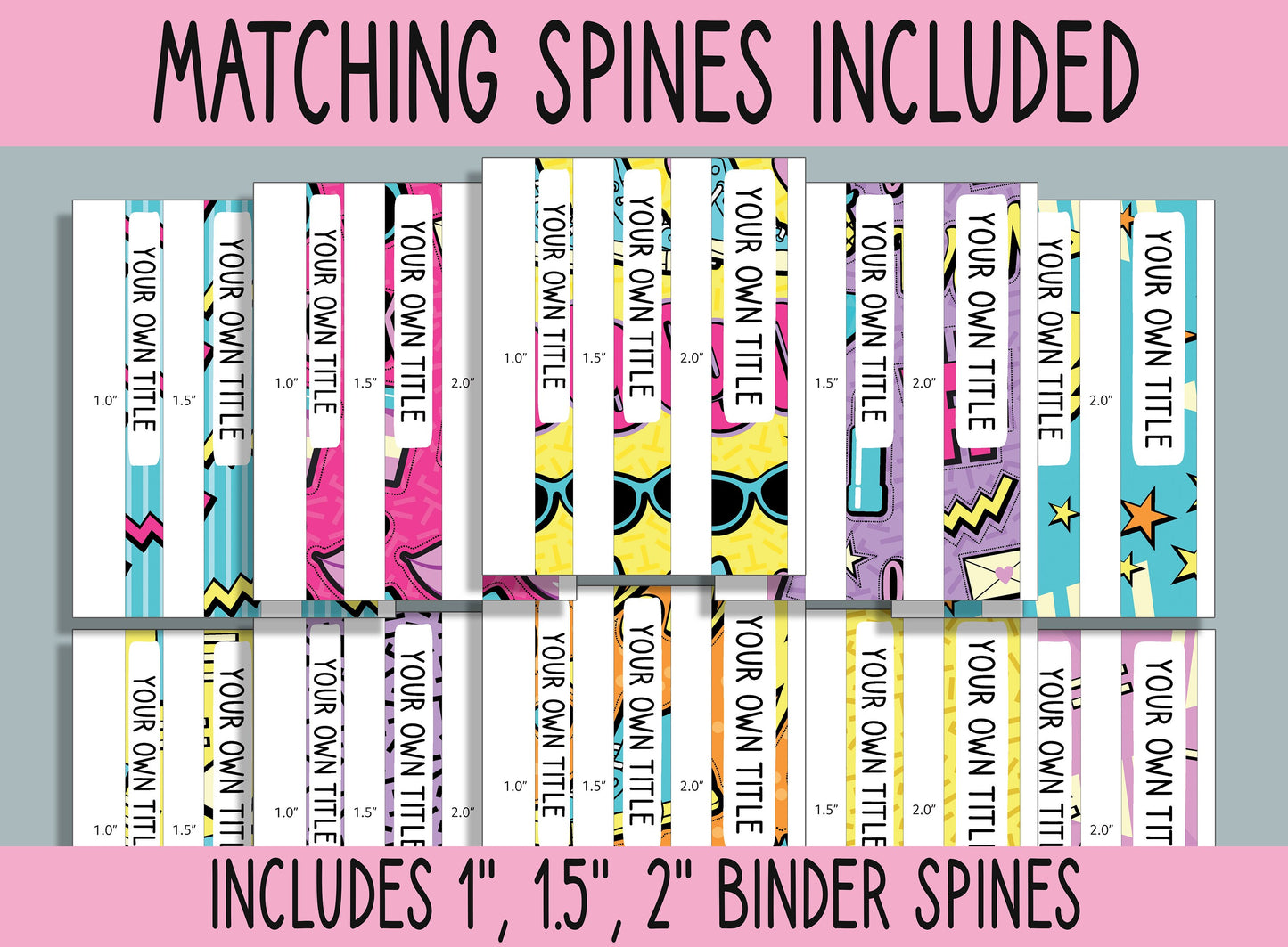 10 Editable 90s Pattern Binder Covers, Includes 1, 1.5, 2" Spines, Available in A4 & US Letter, Editing with PowerPoint or PDF Reader