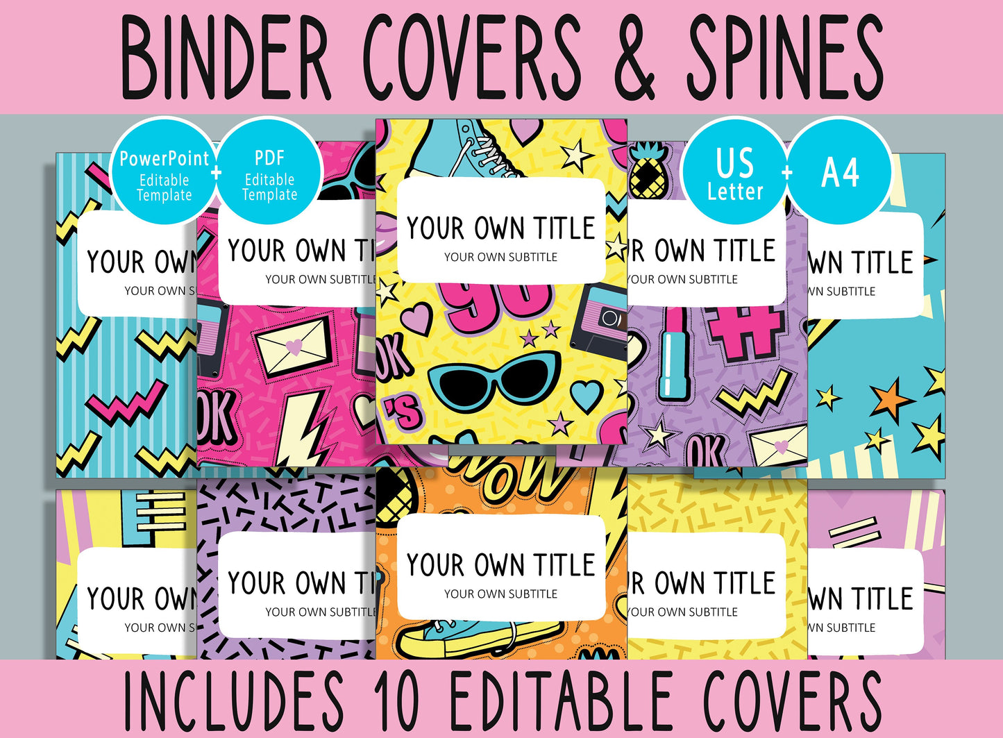 10 Editable 90s Pattern Binder Covers, Includes 1, 1.5, 2" Spines, Available in A4 & US Letter, Editing with PowerPoint or PDF Reader
