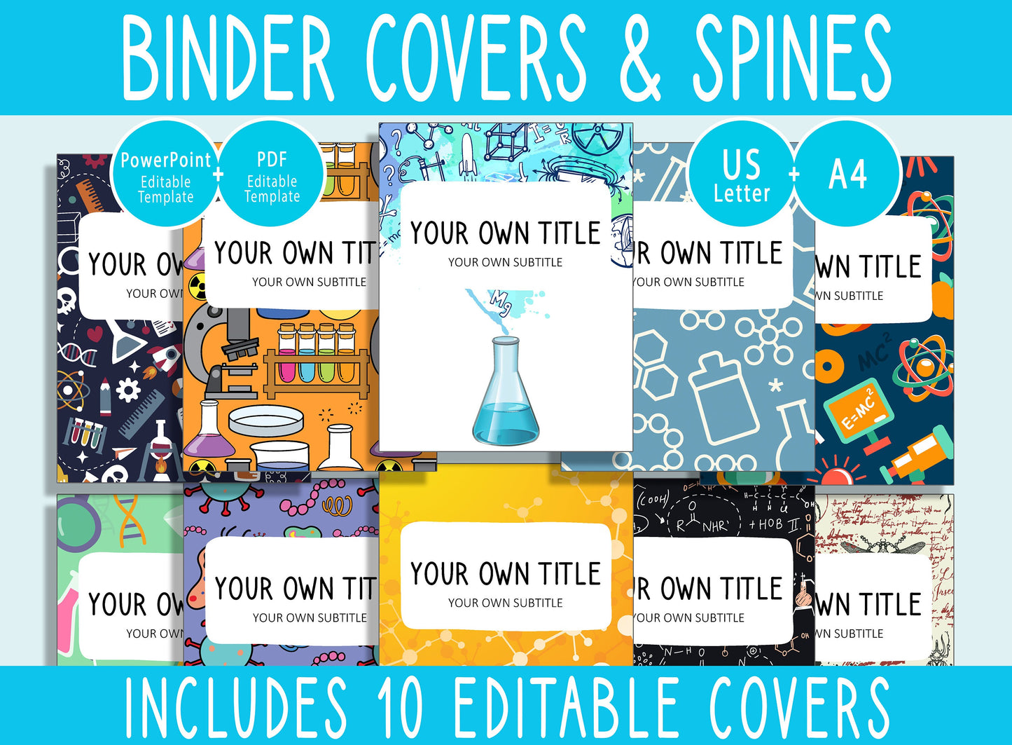 10 Editable Laboratory Binder Covers, Includes 1", 1.5", 2" Spines, Available in A4 & US Letter, Editing with PowerPoint or PDF Reader