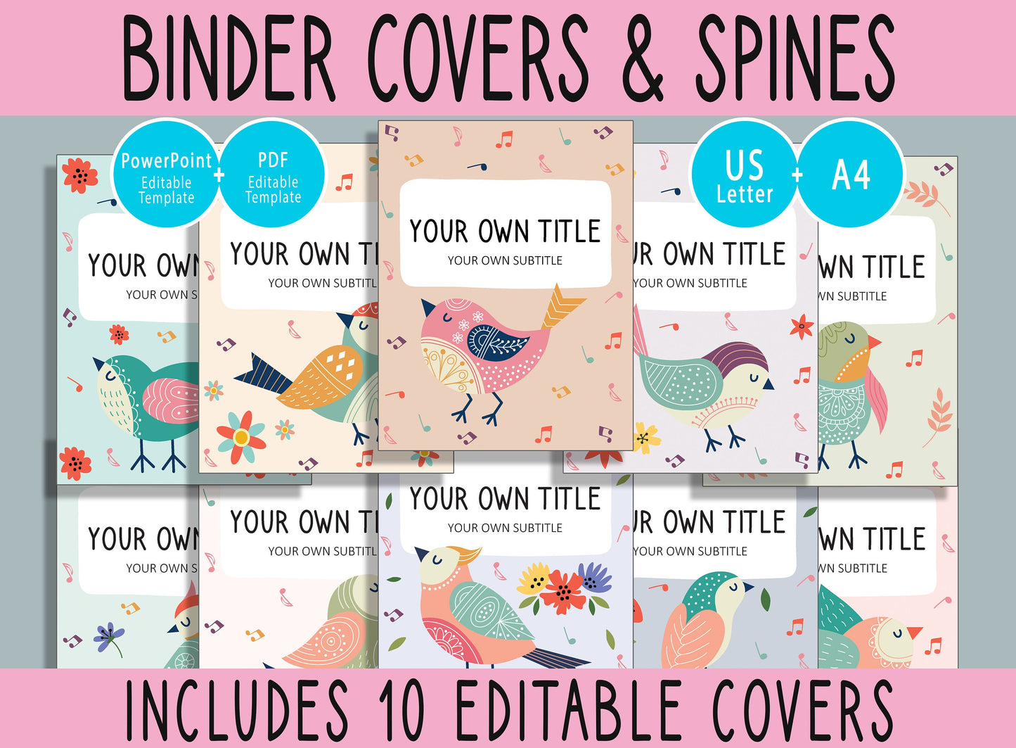 10 Editable Singing Bird Binder Covers, Includes 1", 1.5", 2" Spines, Available in A4 & US Letter, Editing with PowerPoint or PDF Reader