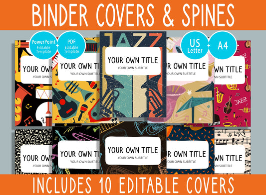 10 Editable Jazz Music Binder Covers, Includes 1, 1.5, 2" Spines, Available in A4 &US Letter, Editing with PowerPoint or PDF Reader
