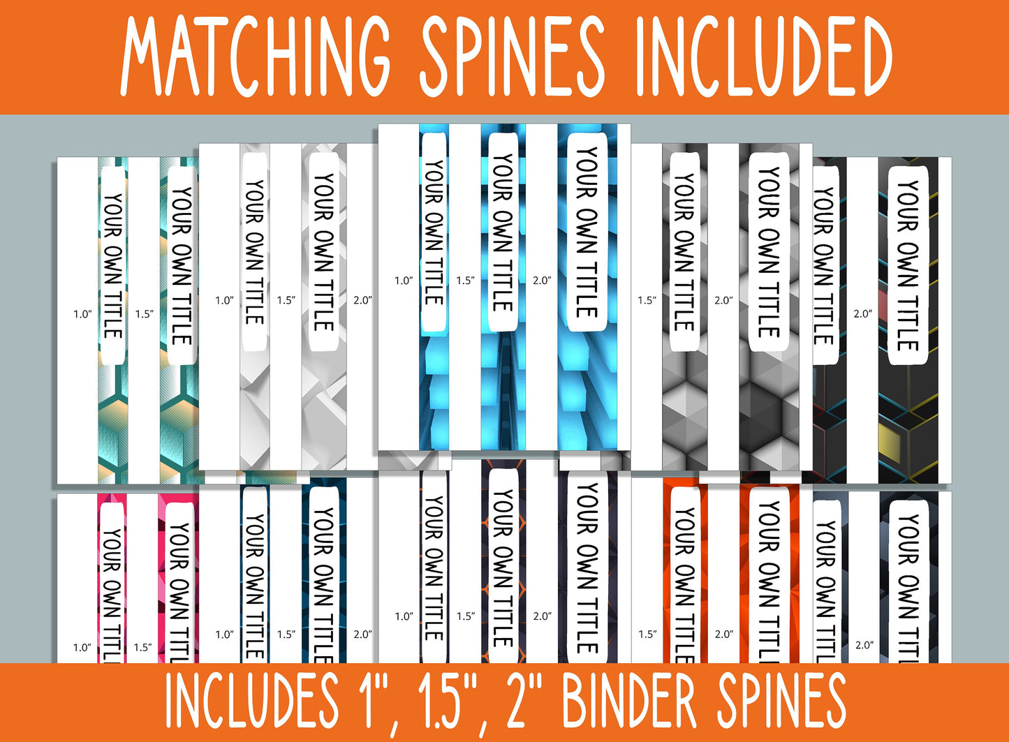 10 Editable 3D Geometric Binder Covers, Includes 1, 1.5, 2" Spines, Available in A4 &US Letter, Editing with PowerPoint or PDF Reader