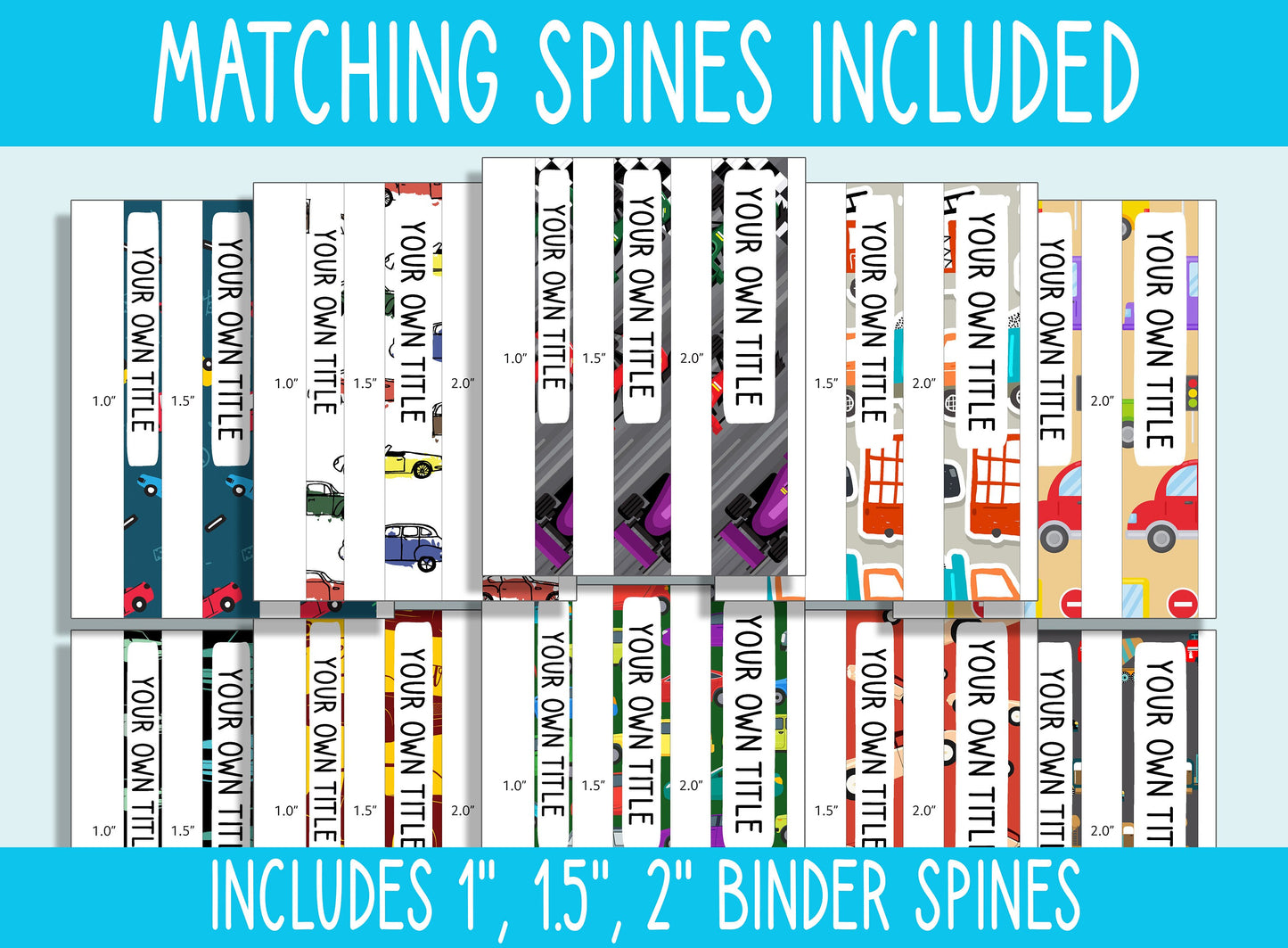 10 Editable Car Pattern Pattern Binder Covers, Includes 1, 1.5, 2" Spines, Available in A4 &US Letter, Editing with PowerPoint or PDF Reader