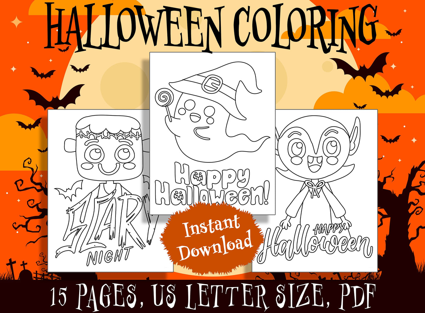 15 Cute Halloween Coloring Pages, Perfect for Preschool and Kindergarten, PDF File, Instant Download