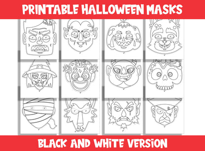 Printable Halloween Mask Set, Includes 24 Masks (12 Black & White, 12 Color), Fun Holiday Activity, US Letter Size