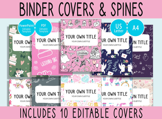 10 Editable Wedding Pattern Binder Covers, Includes 1", 1.5", 2" Spines, Available in A4 & US Letter, Editing with PowerPoint or PDF Reader