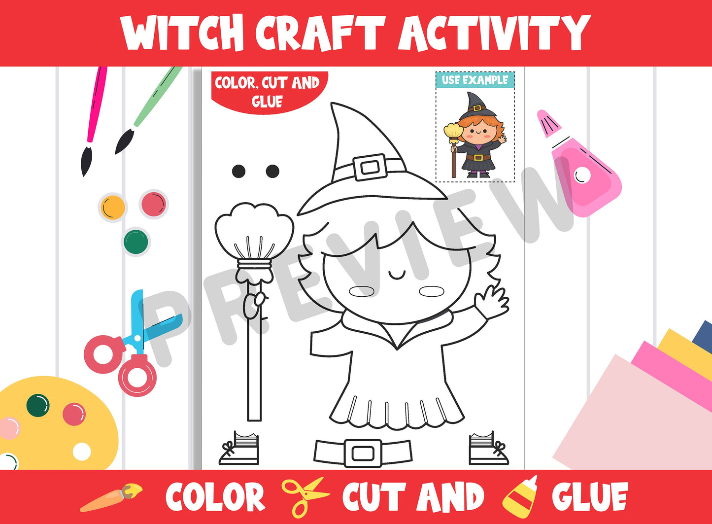 Witch Craft Activity - Color, Cut, and Glue for PreK to 2nd Grade, PDF File, Instant Download