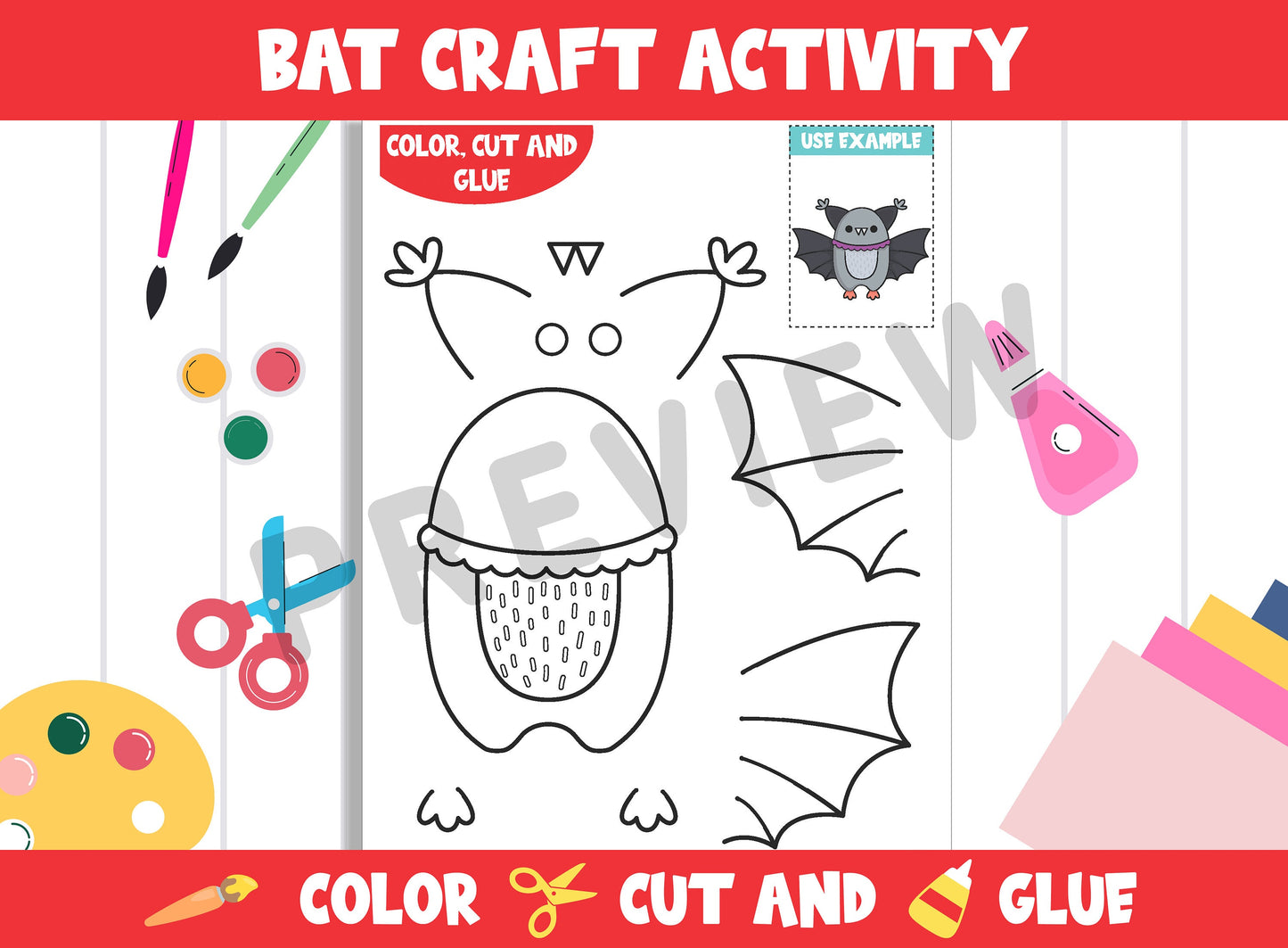 Halloween Bat Craft Activity - Color, Cut, and Glue for PreK to 2nd Grade, PDF File, Instant Download