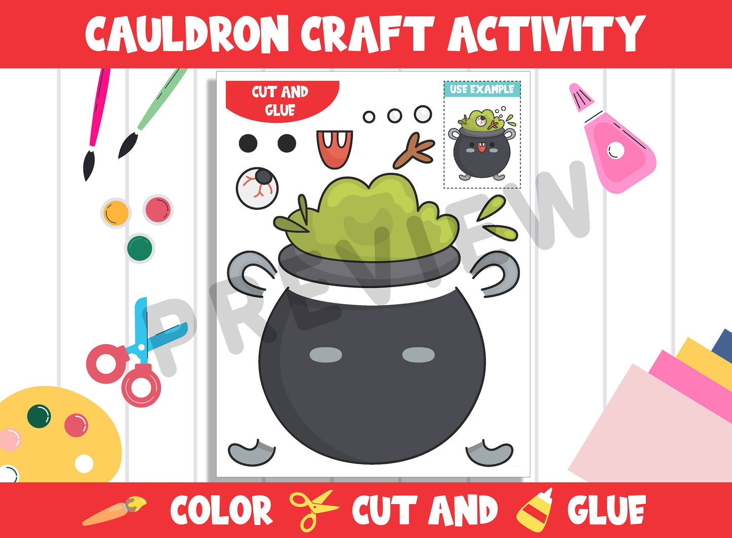 Witch's Cauldron Craft Activity - Color, Cut, and Glue for PreK to 2nd Grade, PDF File, Instant Download