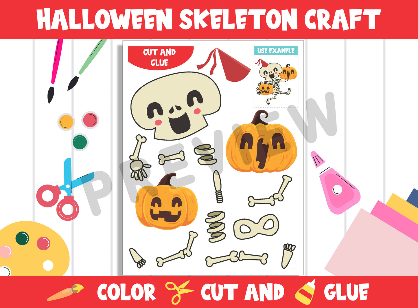 Halloween Skeleton Craft Activity - Color, Cut, and Glue for PreK to 2nd Grade, PDF File, Instant Download