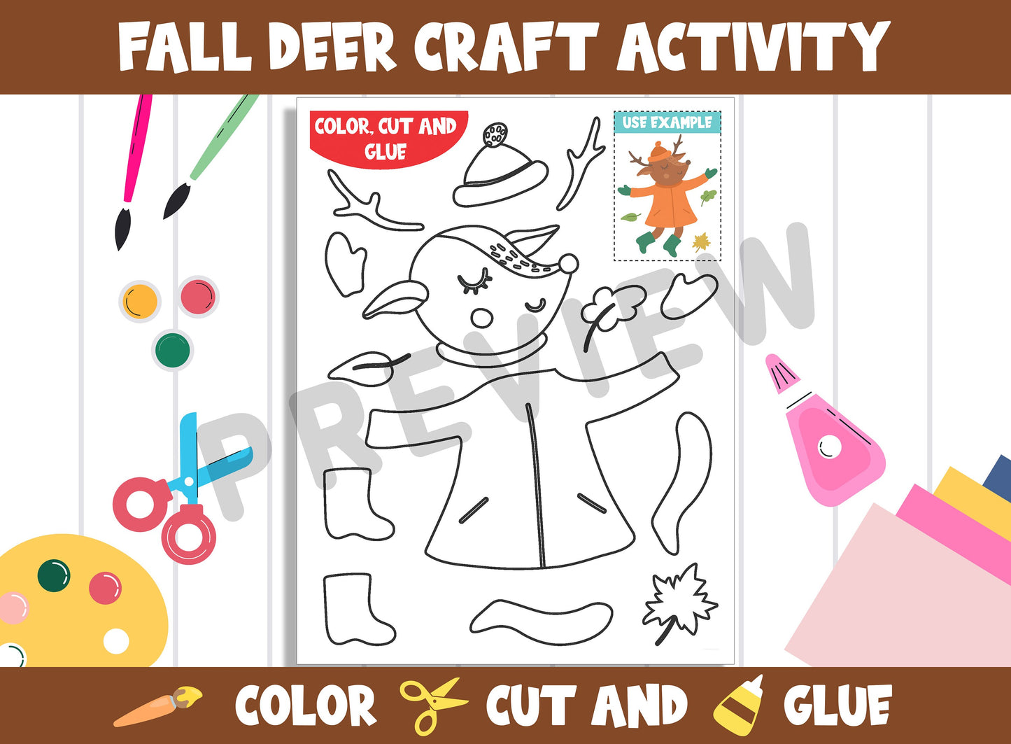 Fall Deer Craft Activity - Color, Cut, and Glue for PreK to 2nd Grade, PDF File, Instant Download