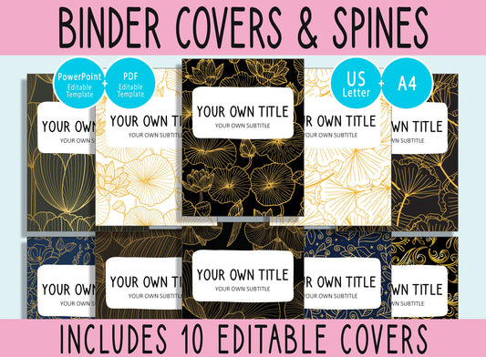 10 Editable Golden Botanical Binder Covers, Includes 1, 1.5, 2" Spines, Available in A4 & US Letter, Editing with PowerPoint or PDF Reader