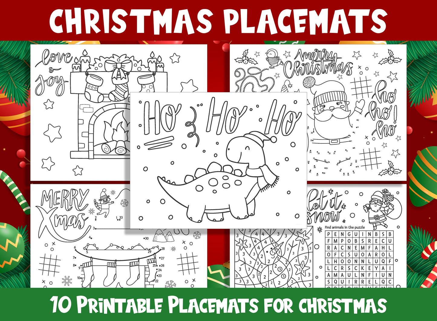 Printable Christmas Placemats - 10 Fun & Educational Pages for Kids, PDF File, US Letter Size, Instant Download