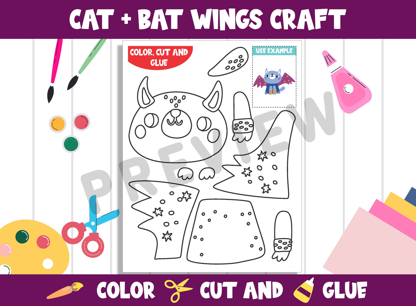 Halloween - Cat with Bat Wings Craft Activity - Color, Cut, and Glue for PreK to 2nd Grade, PDF File, Instant Download