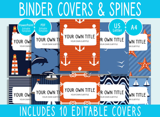 10 Editable Marine Pattern Binder Covers, Includes 1, 1.5, 2" Spines, Available in A4 & US Letter, Editing with PowerPoint or PDF Reader