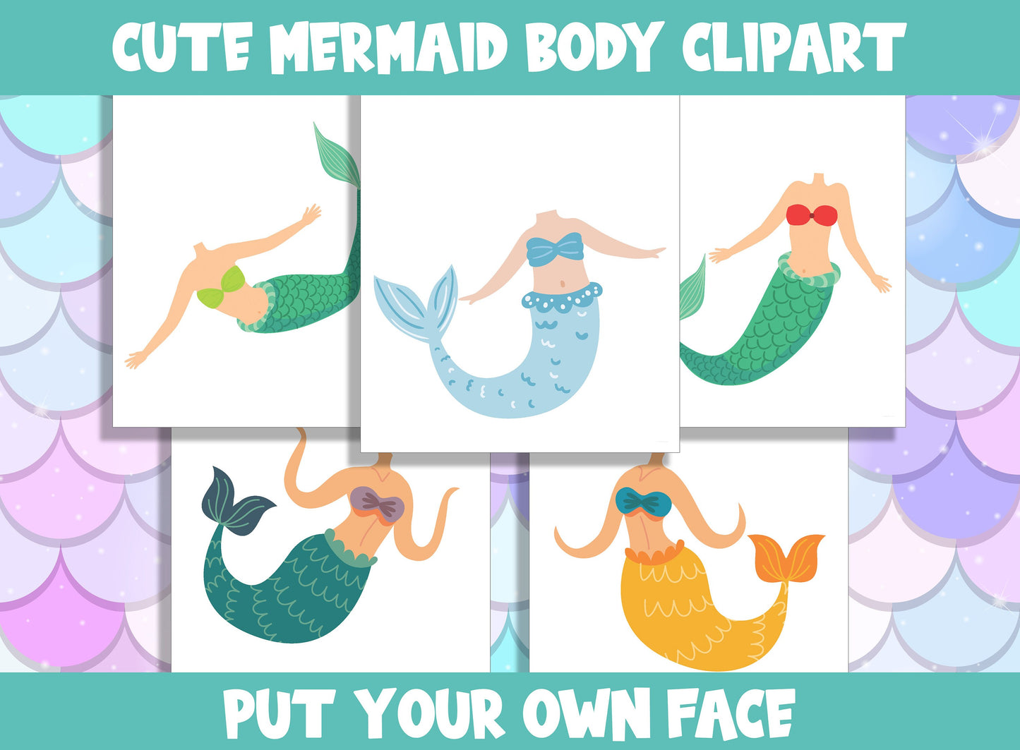 Cute Mermaid Body Clipart Collection for PreK to 6th Grade, 20 Pages, PDF File, Instant Download