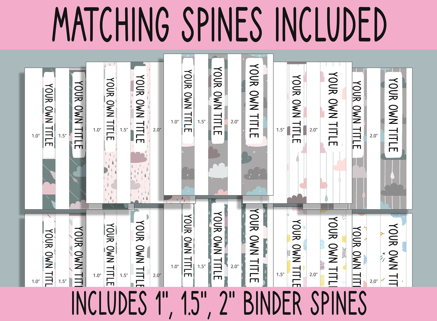 10 Editable Clouds Pattern Binder Covers, Includes 1, 1.5, 2" Spines, Available in A4 & US Letter, Editing with PowerPoint or PDF Reader