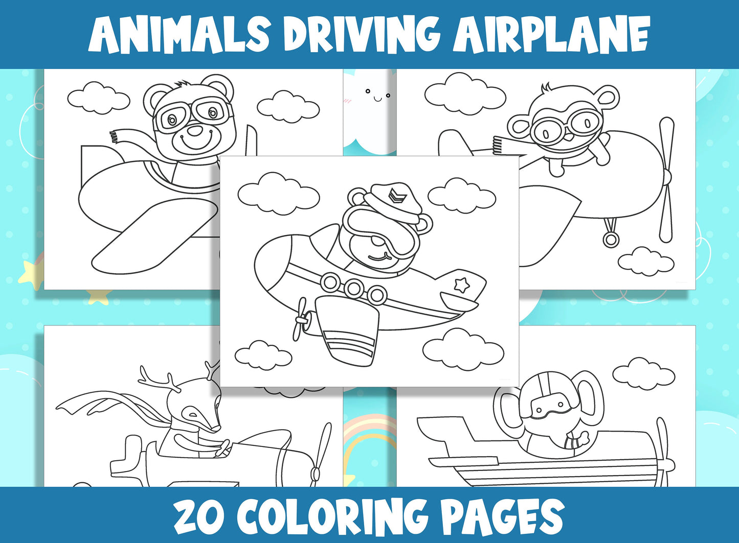15 Cute Animals Driving Airplane Coloring Pages for Preschool and Kindergarten, PDF File, Instant Download