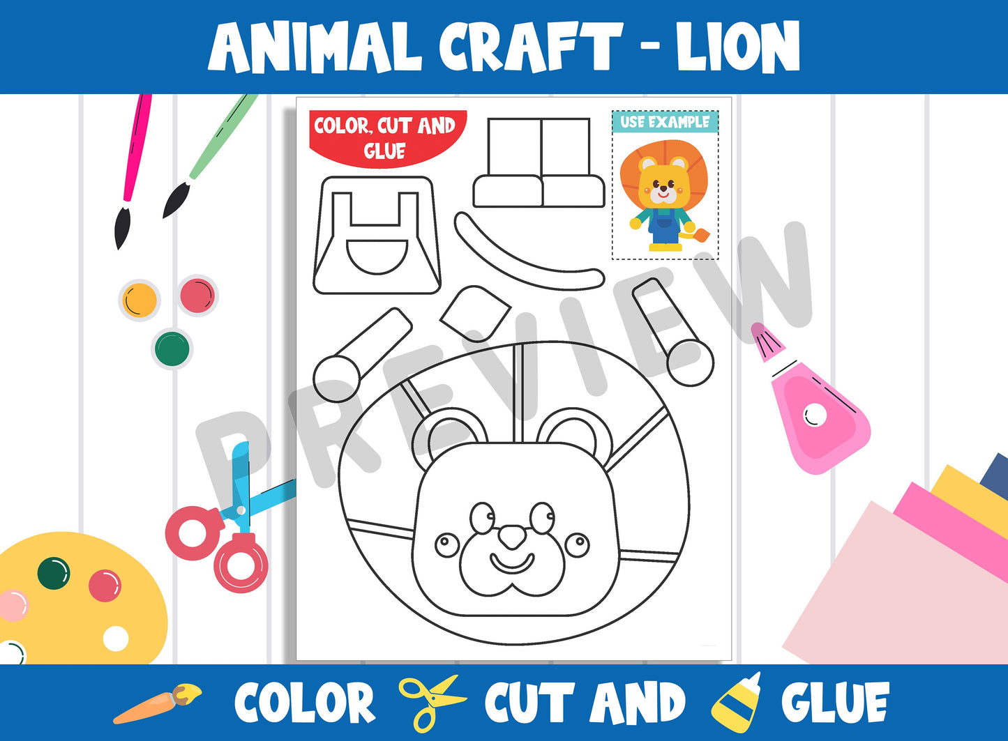 Animal Craft Activity - Lion : Color, Cut, and Glue for PreK to 2nd Grade, PDF File, Instant Download
