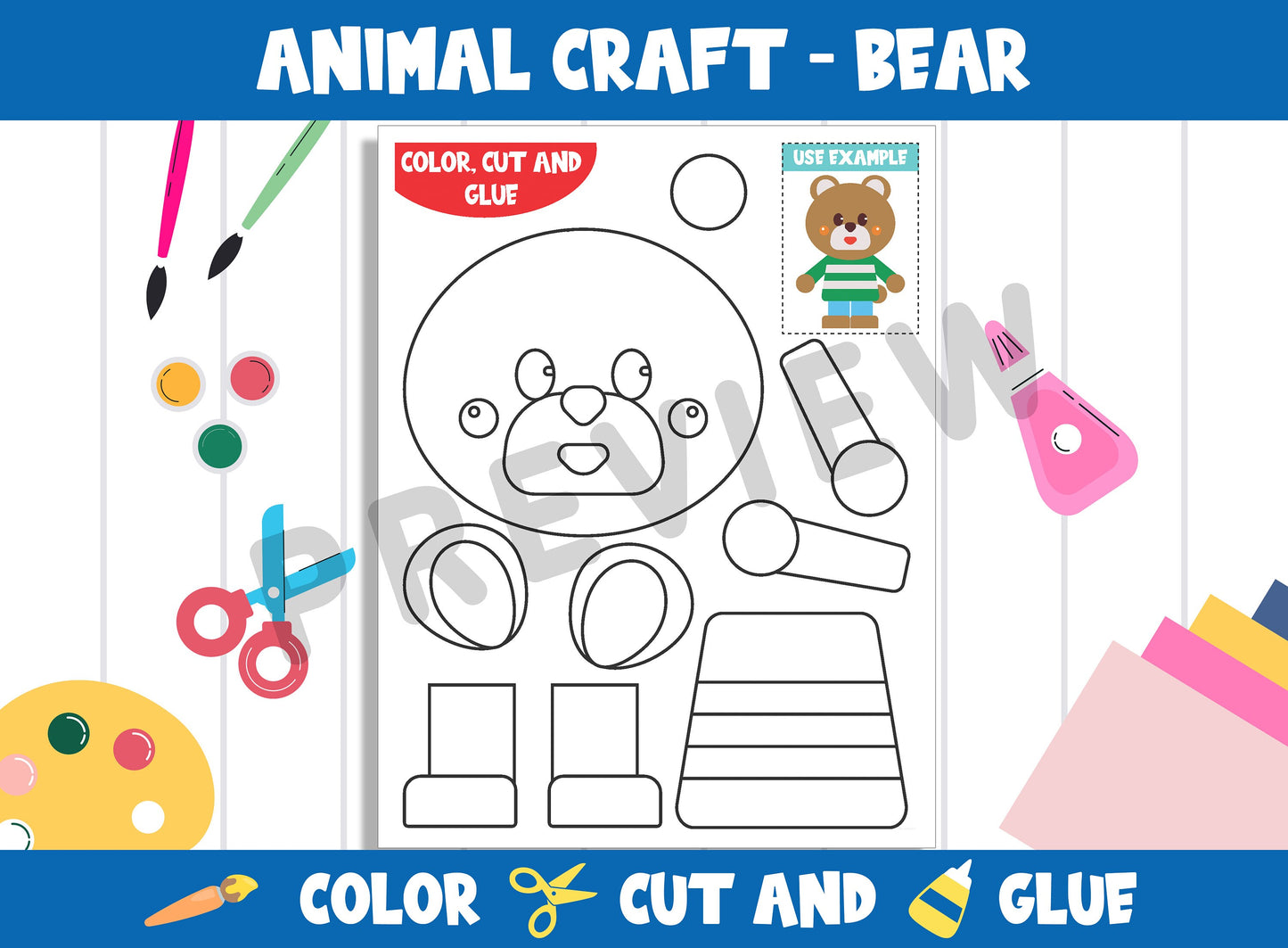 Animal Craft Activity - Bear : Color, Cut, and Glue for PreK to 2nd Grade, PDF File, Instant Download