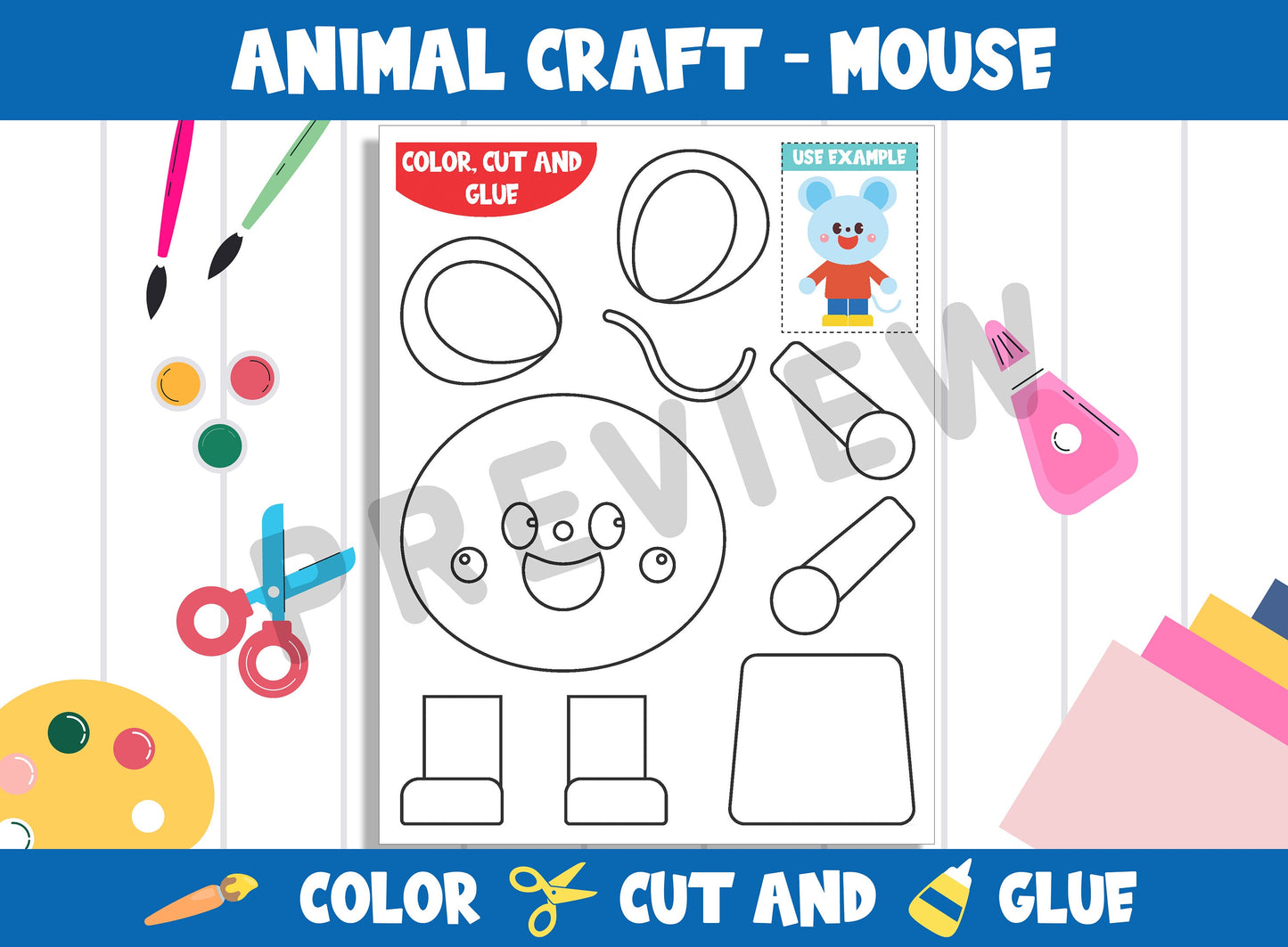 Animal Craft Activity - Mouse : Color, Cut, and Glue for PreK to 2nd Grade, PDF File, Instant Download