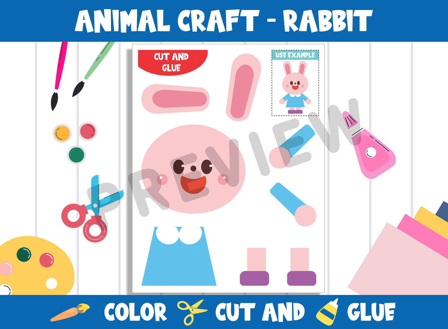 Animal Craft Activity - Rabbit : Color, Cut, and Glue for PreK to 2nd Grade, PDF File, Instant Download