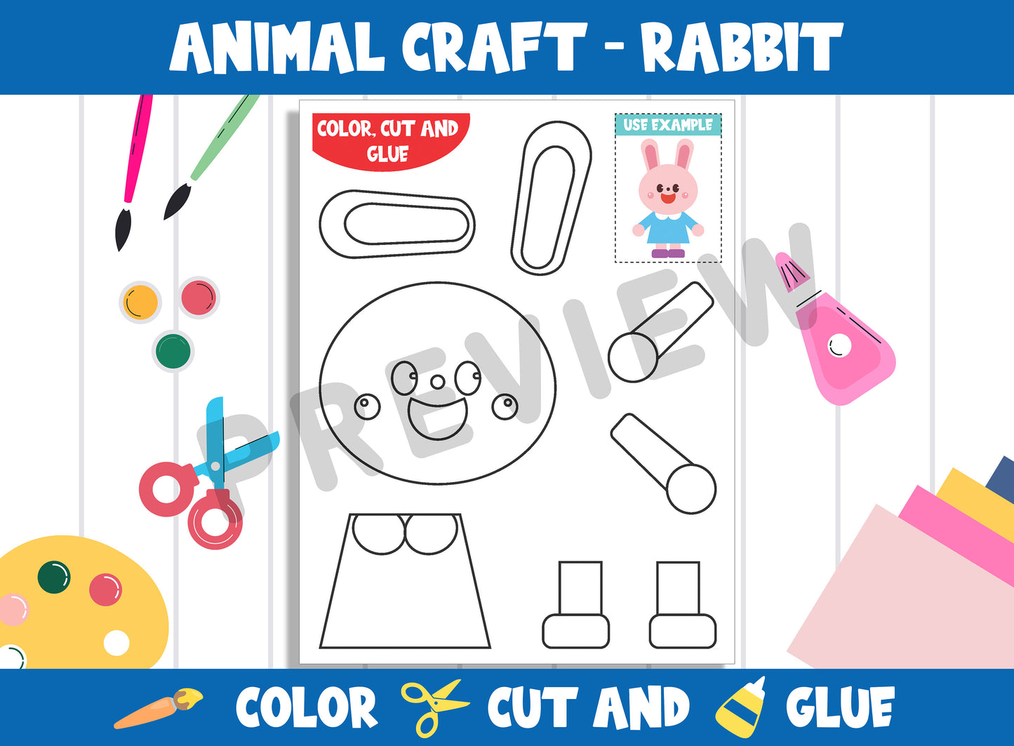 Animal Craft Activity - Rabbit : Color, Cut, and Glue for PreK to 2nd Grade, PDF File, Instant Download