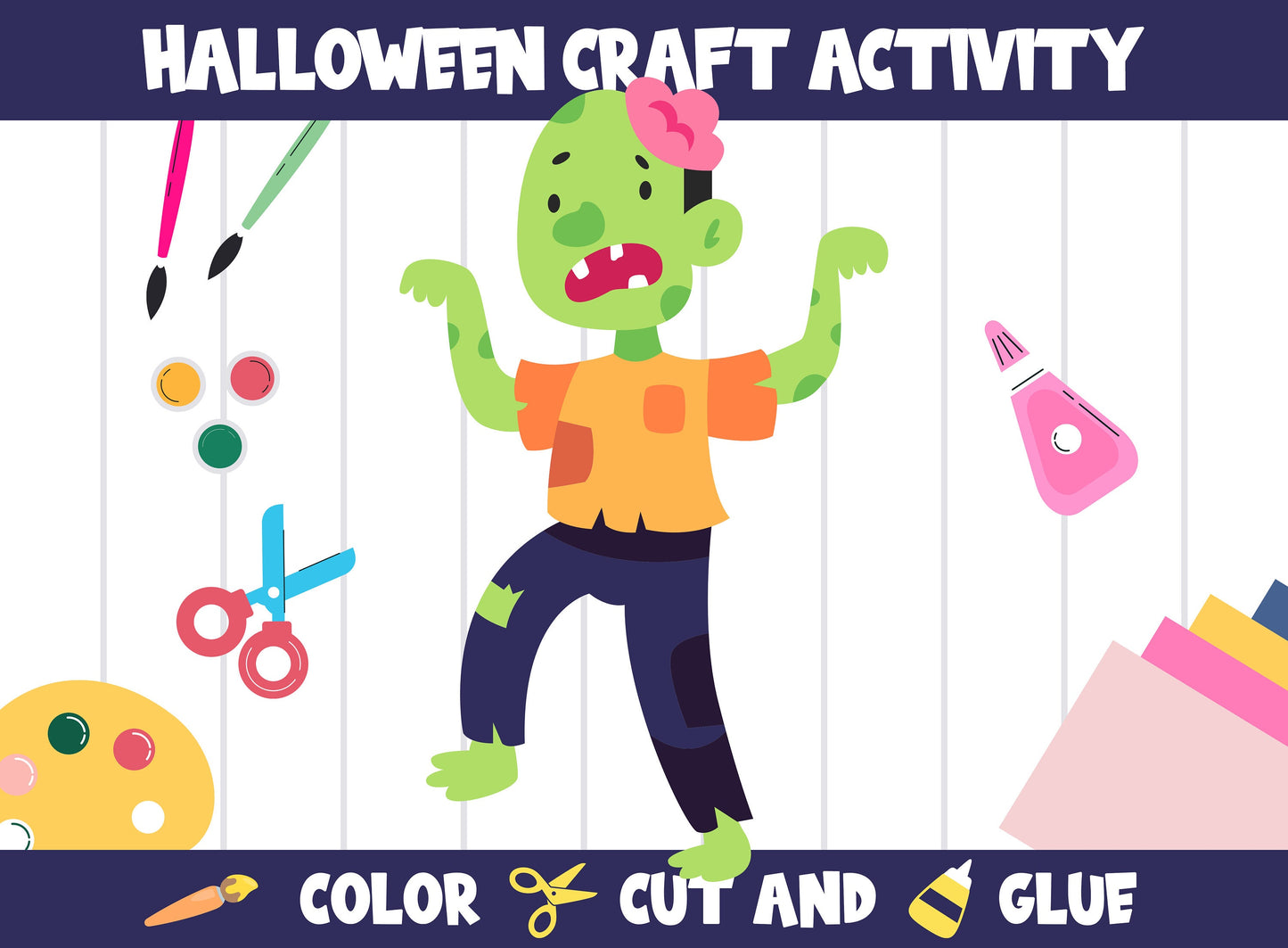 Cute Halloween Character Craft Activity - Color, Cut, and Glue for PreK to 2nd Grade, PDF File, Instant Download