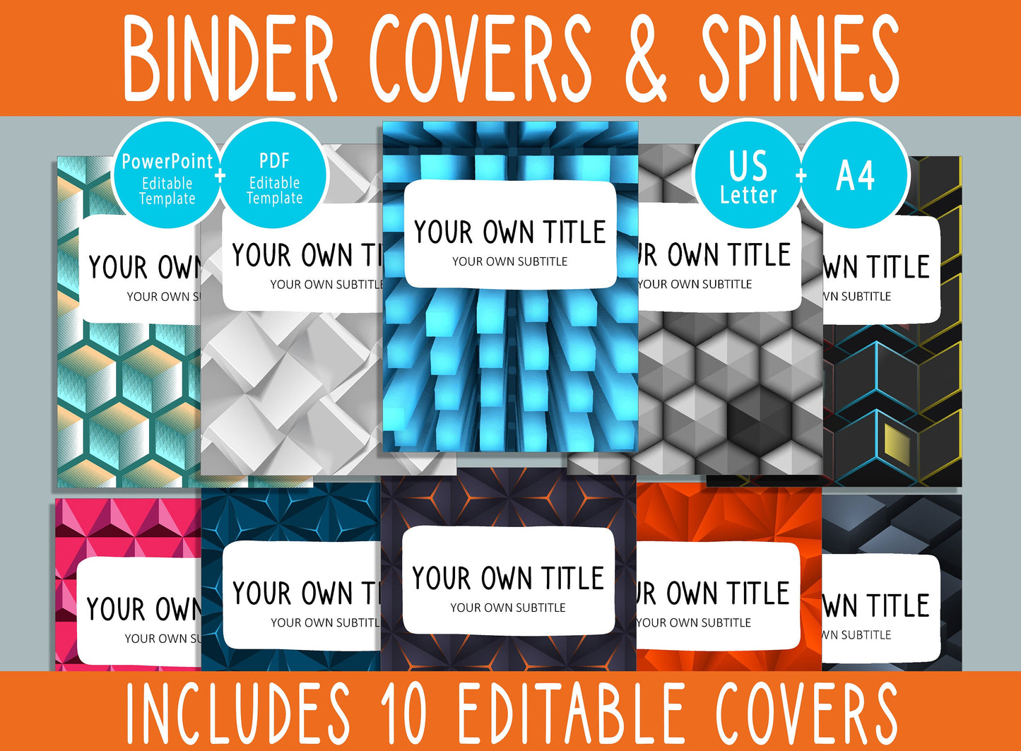 10 Editable 3D Geometric Binder Covers, Includes 1, 1.5, 2" Spines, Available in A4 &US Letter, Editing with PowerPoint or PDF Reader