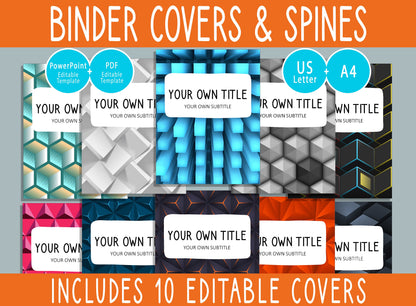 10 Editable 3D Geometric Binder Covers, Includes 1, 1.5, 2" Spines, Available in A4 &US Letter, Editing with PowerPoint or PDF Reader