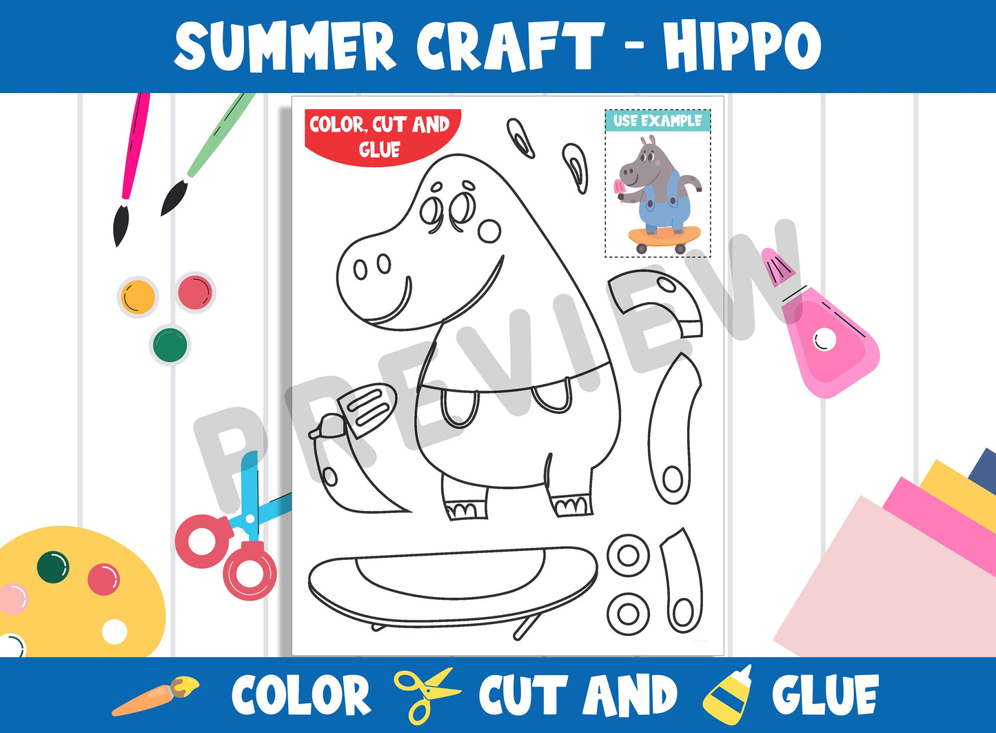 Summer Craft Activity: Hippo - Color, Cut, and Glue for PreK to 2nd Grade, PDF File, Instant Download
