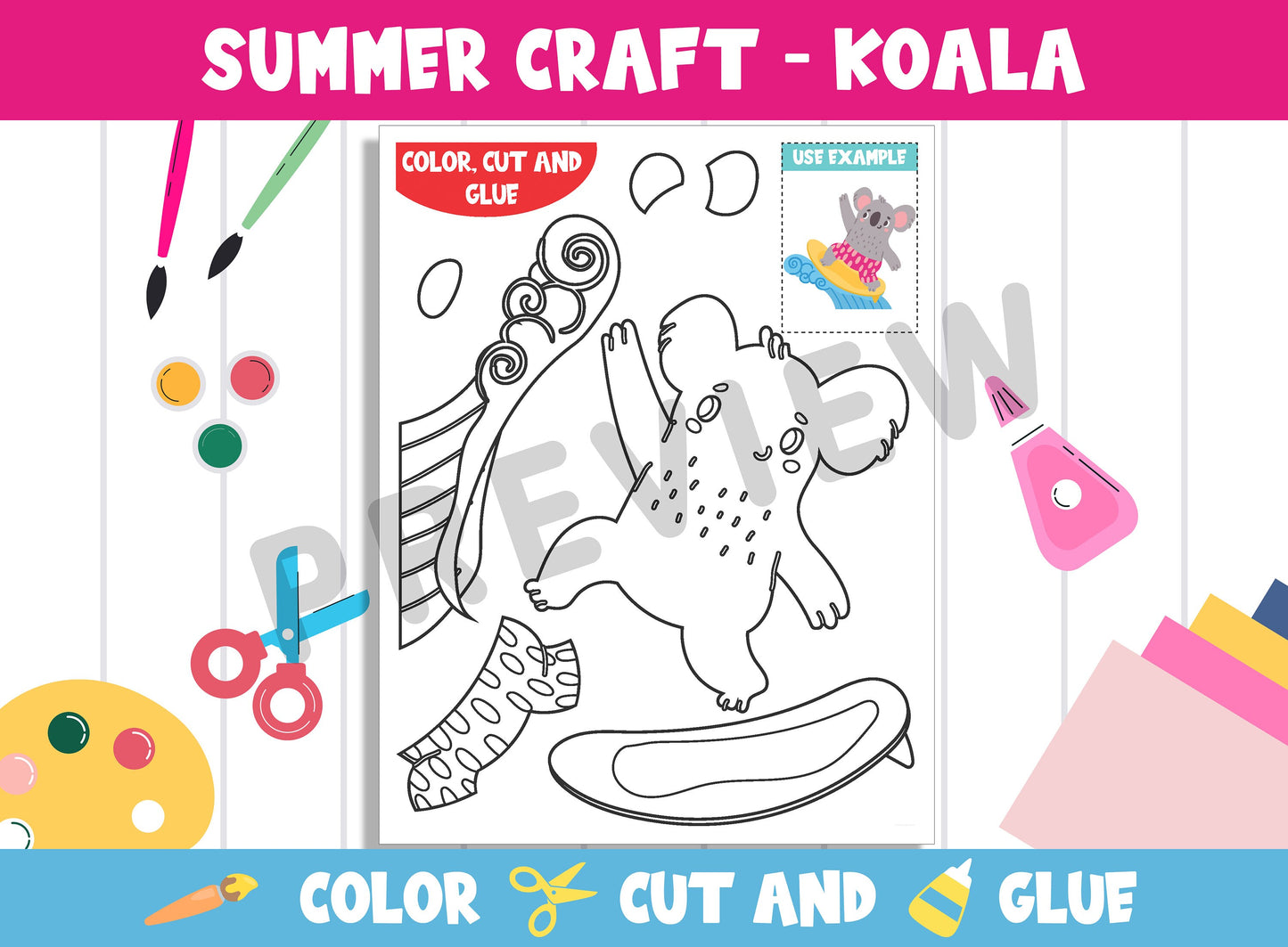 Summer Craft Activity: Koala - Color, Cut, and Glue for PreK to 2nd Grade, PDF File, Instant Download