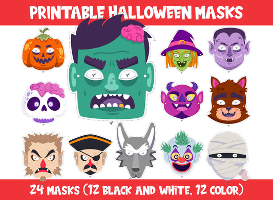 Printable Halloween Mask Set, Includes 24 Masks (12 Black & White, 12 Color), Fun Holiday Activity, US Letter Size