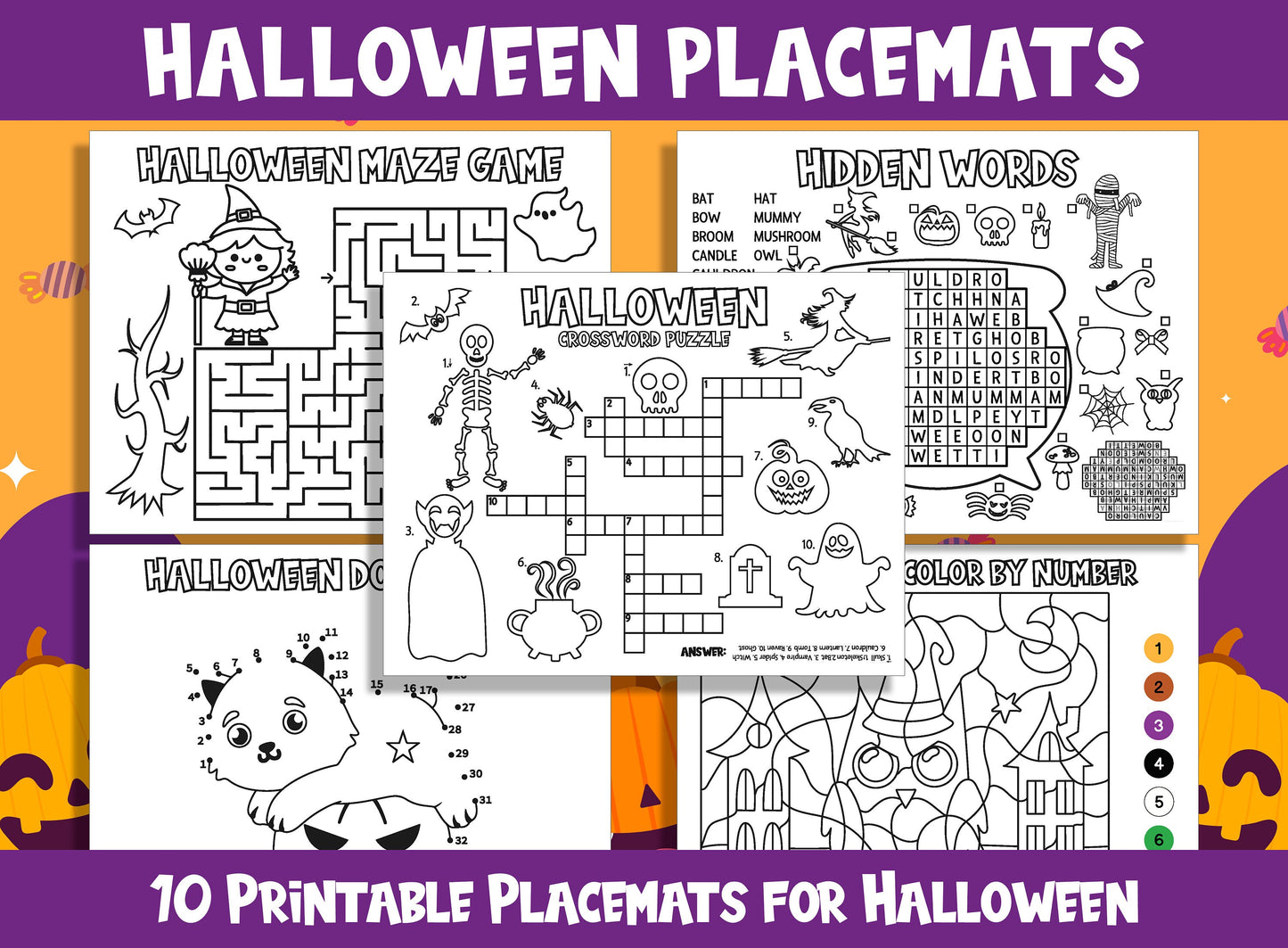 Halloween Fun Placemats: 10 Printable Activities for Kids, PDF File, US Letter Size, Instant Download